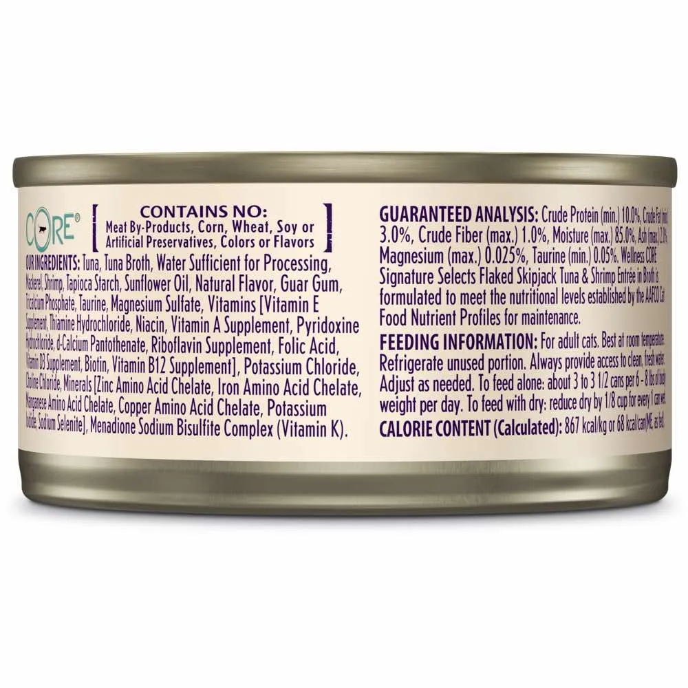 20% OFF: Wellness CORE Signature Selects Flaked Skipjack Tuna & Shrimp Grain-Free Canned Cat Food