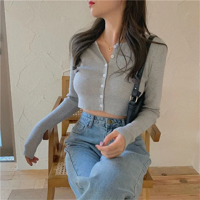 O-neck Short Knitted Sweaters for Women : Thin Cardigan